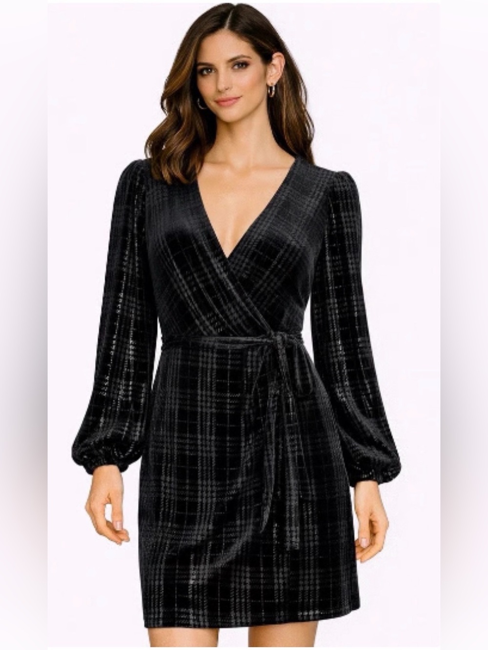 NWT Gianni Bini Women’s Black Houndstooth Velvet “Leighton” Wrap Dress